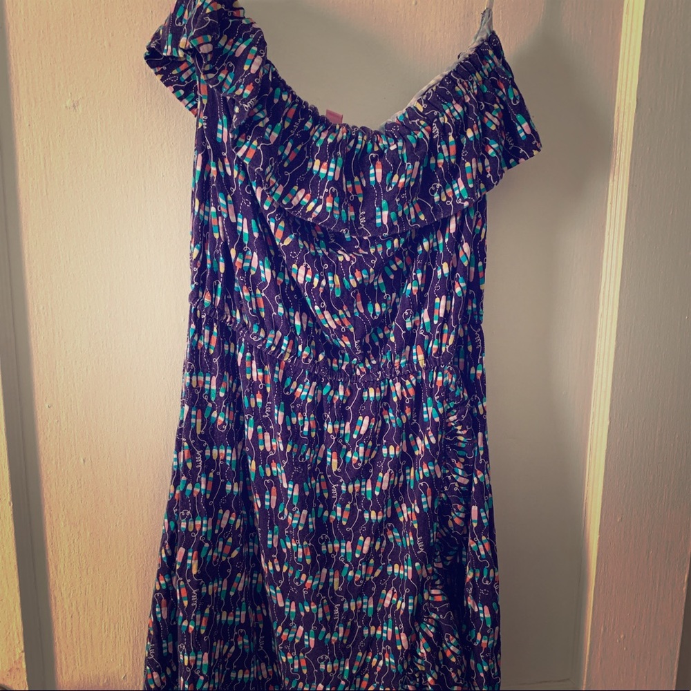 Lilly Pulitzer Strapless Navy Dress with Teal & Pink Print
